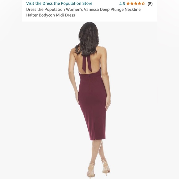 Dress the Population Vanessa Deep Plunge Neckline Halter Bodycon Midi Dress - Picture 3 of 5